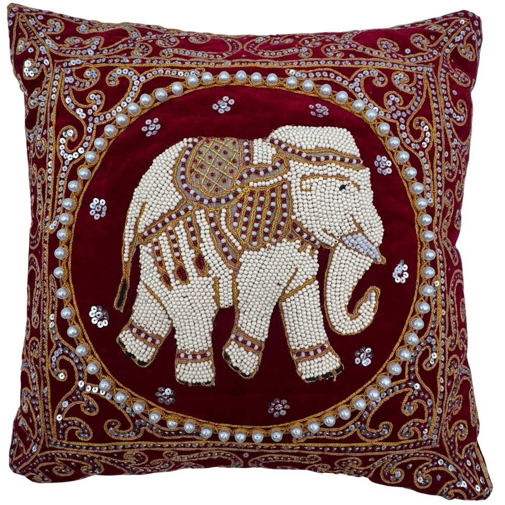 Handmade Elephant Throw Pillow Red Velvet Beaded Sequin Boho Decor